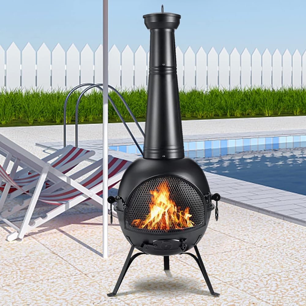 : SINGLYFIRE Prairie Fire Outdoor Chiminea Fireplace Deck or Patio Backyard Wooden Fire Pit with Chiminea Cover Rust-Free Iron Black : Patio, Lawn & Garden