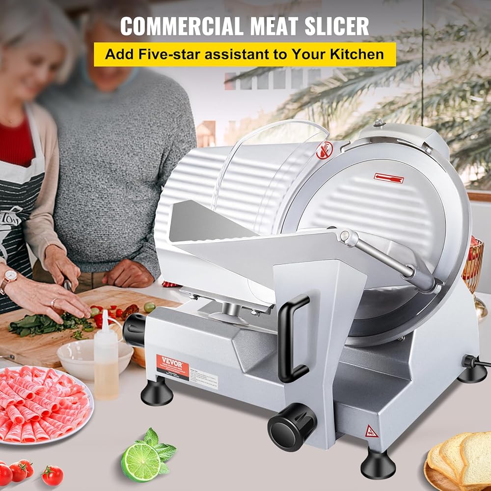 VEVOR Commercial Meat Slicer, 10 inch Electric Food Slicer, 240W Frozen Meat Deli Slicer, Premium Chromium-plated Steel Blade Semi-Auto Meat Slicer For Commercial and Home use: Home & Kitchen