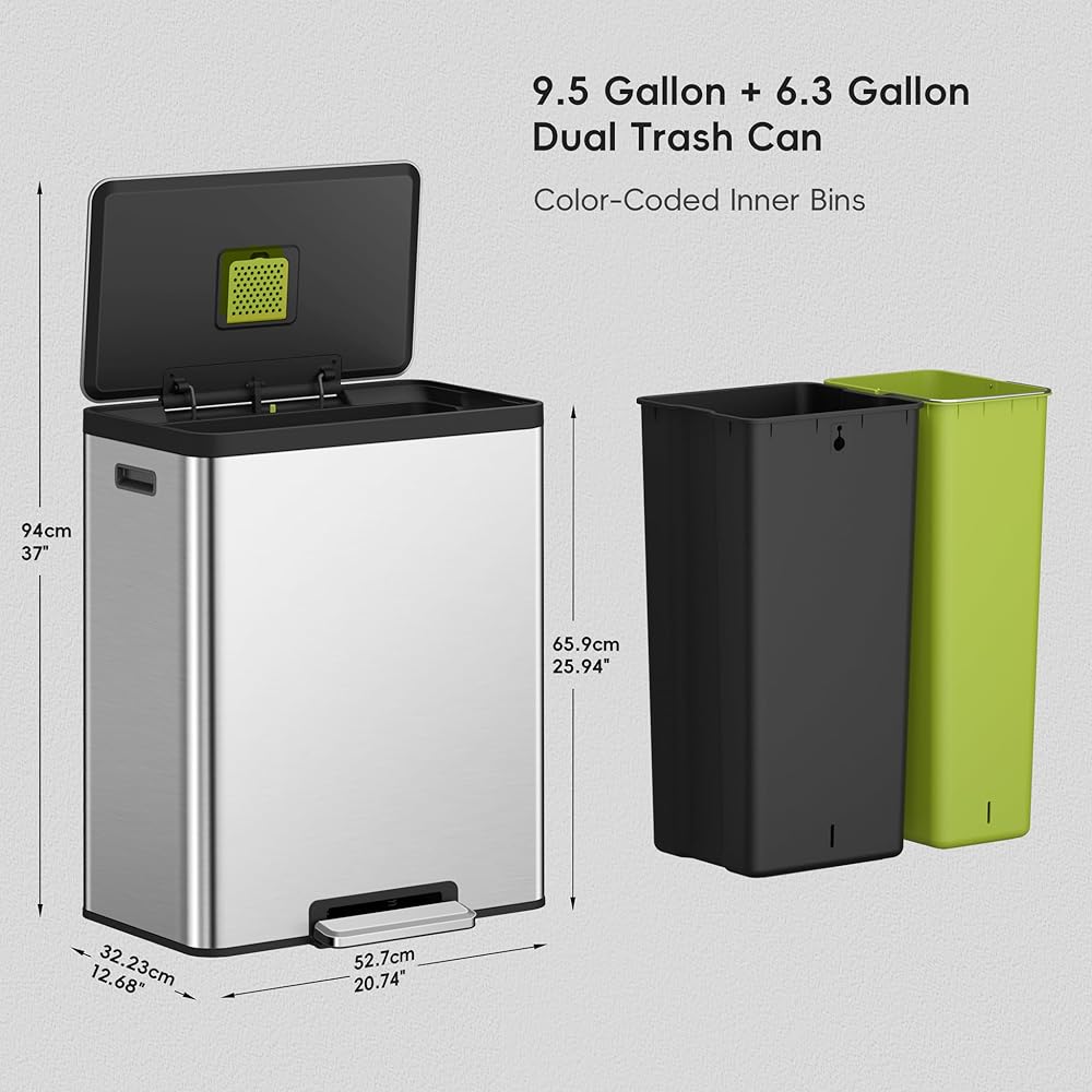 EKO EcoCasa II 36L+24L Dual Trash Can with Recycle Bin, Stainless Steel Garbage Can with Lid, Deodorizer Compartment, Odor-Proof and Fingerprint Resistant : Home & Kitchen