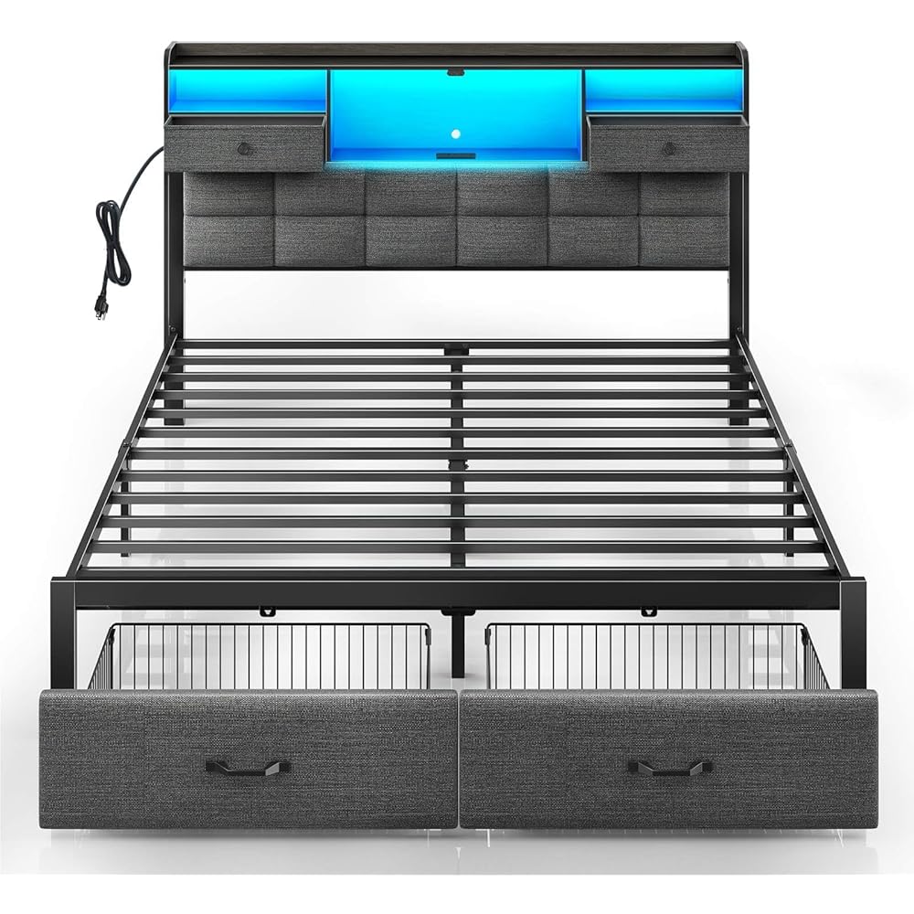Rolanstar Bed Frame Full Size with Drawers and Charging Station, Upholstered Platform Bed with Storage Headboard and LED Light, Heavy Duty Metal Frame Support, No Box Spring Needed, Noise Free, Grey : Home & Kitchen