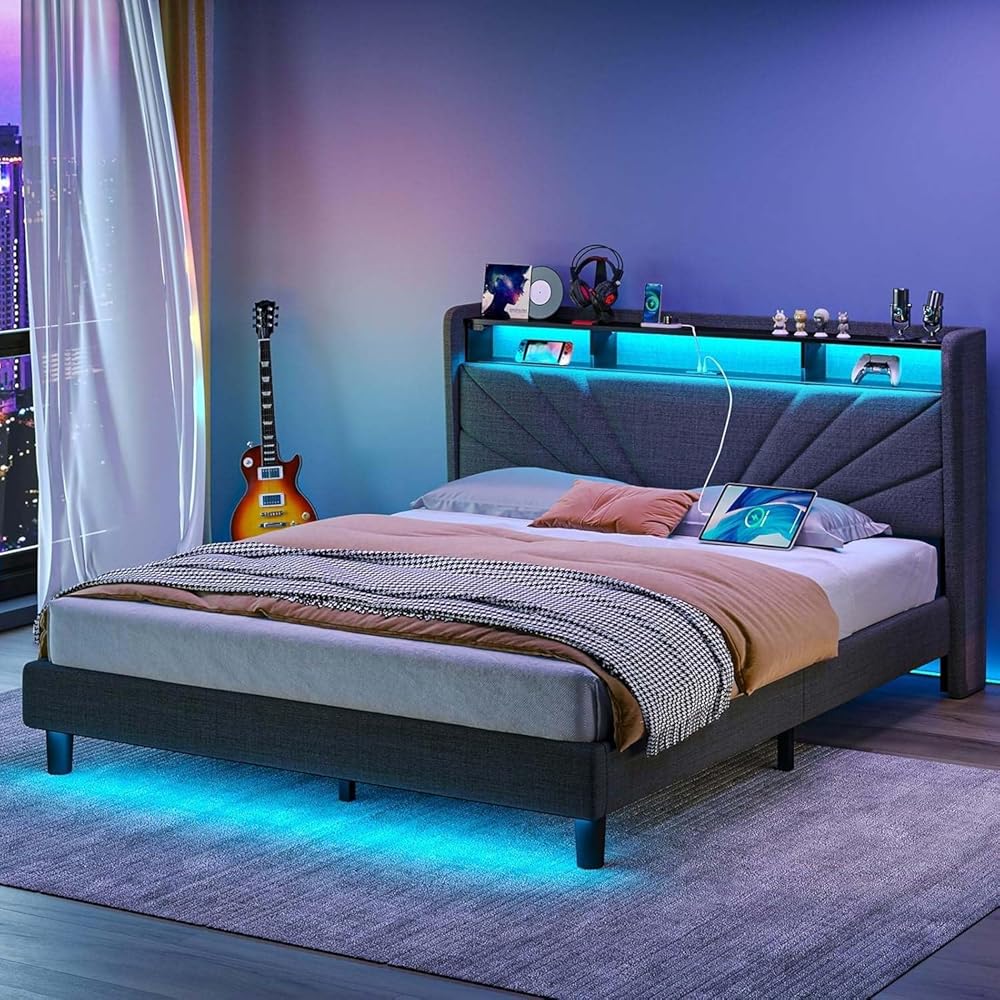 Rolanstar Full Size Bed Frame, Storage Headboard with Charging Station and LED Lights, Upholstered Bed with Heavy Duty Wood Slats, No Box Spring Needed, Noise Free, Easy Assembly, Dark Grey : Home & Kitchen