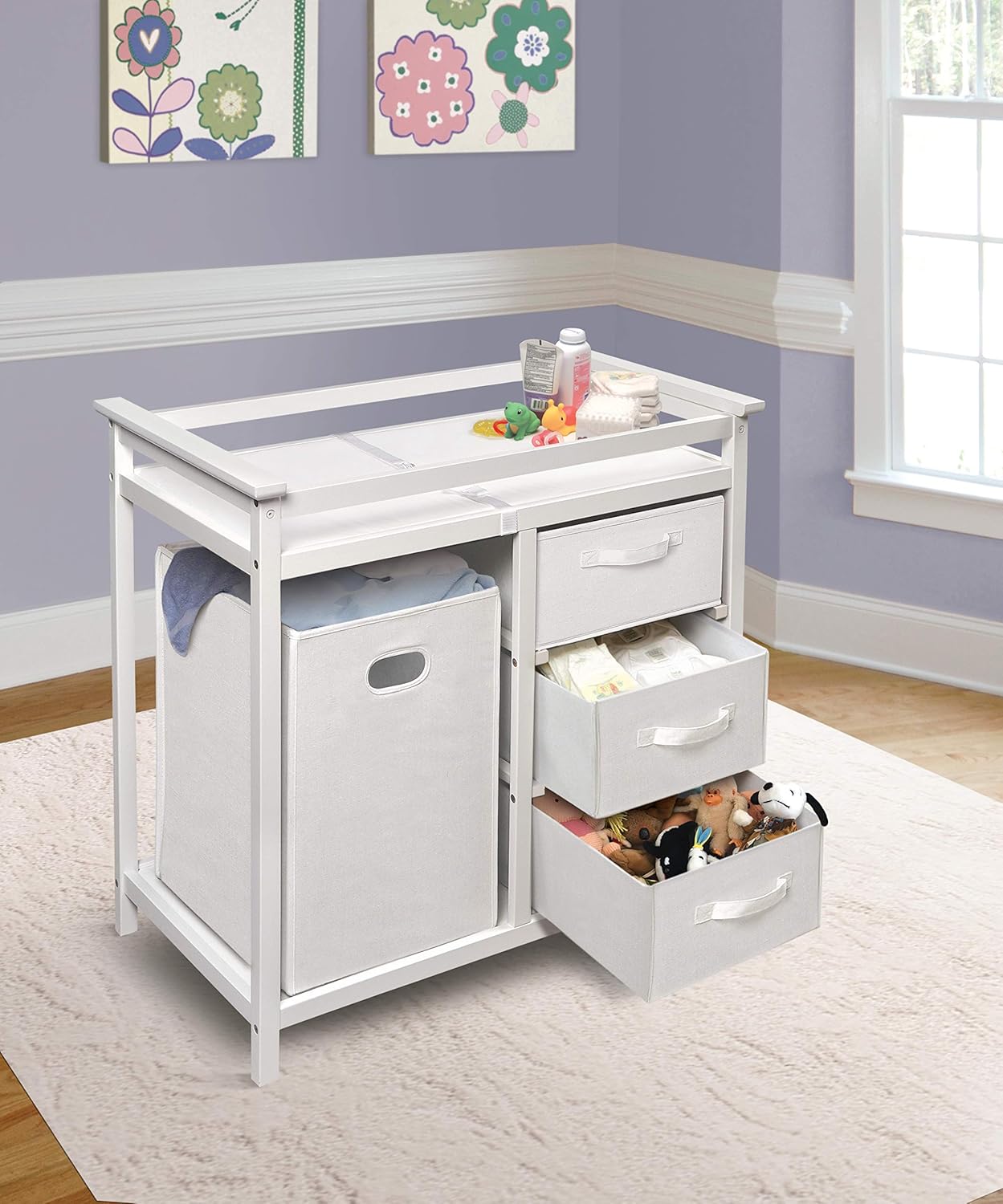 : Badger Basket Modern Baby Changing Table - Nursery Furniture with Laundry Hamper and 3 Storage Drawers - Diaper Changing Station with Safety Belt, Changing Pad, and Organizer Baskets - White/White : Baby