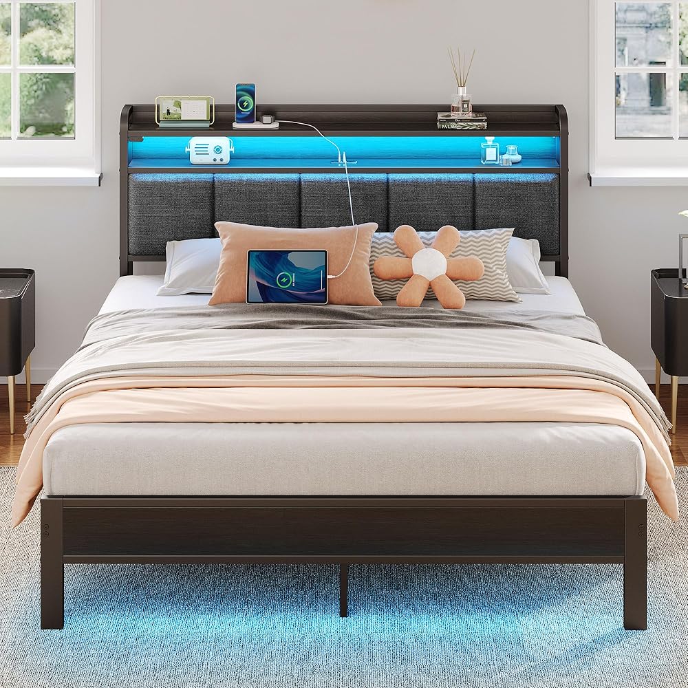 Rolanstar Queen Bed Frame with LED Lights, Upholstered Headboard, Charging Station, Storage Shelves, Heavy Duty Metal Slats, No Box Spring Needed, Noise Free, Easy Assembly, Dark Grey : Home & Kitchen