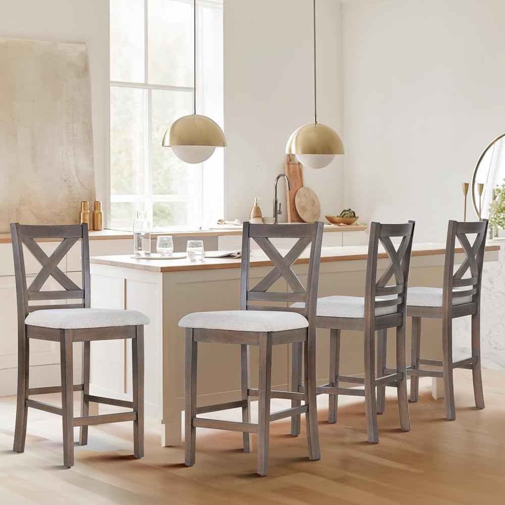 Upholstered Counter Height Bar Stools Set of 4, Modern Kitchen Island Barstools Chairs with Cross Back and Wood Legs for Dining Room Bar, Light Brown Wash : Home & Kitchen
