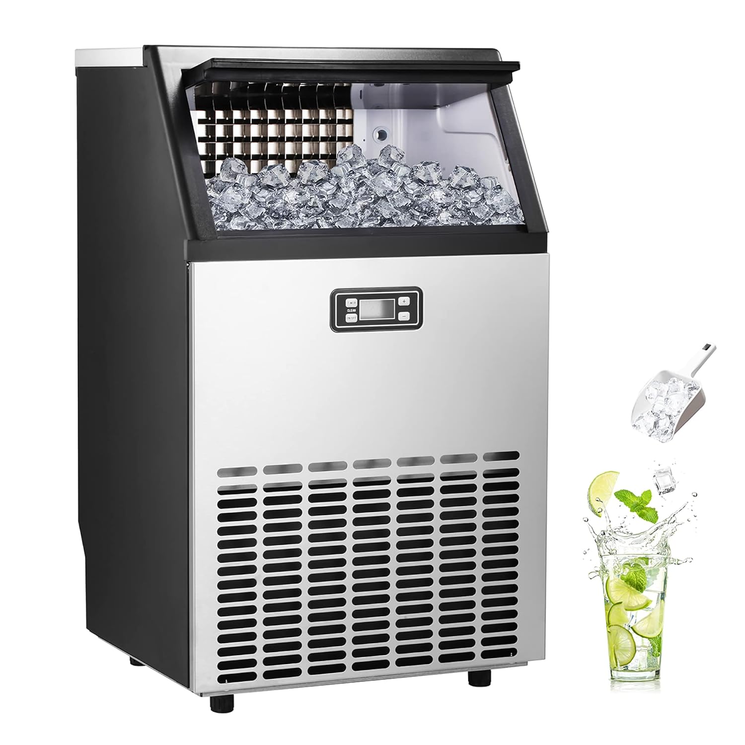 Ice Maker, Commercial Ice Machine,100Lbs/Day, Stainless Steel Ice Machine with 48 Lbs Capacity, Ideal for Restaurant, Bars, Home and Offices, Includes Scoop Silver : Industrial & Scientific