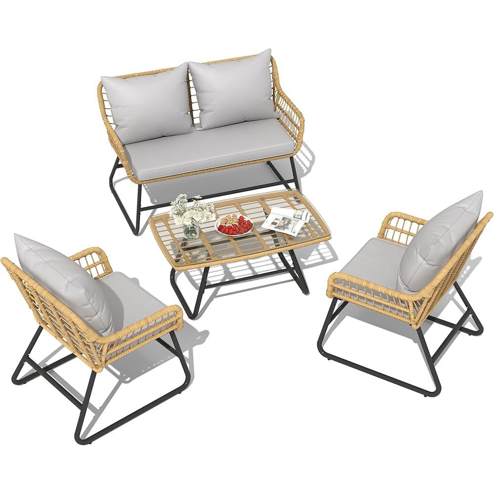 YITAHOME Outdoor Conversation Set 4 Piece, Outdoor Wicker Bistro Set with Removable Cushion, Rattan Patio Loveseat Sets for Garden, Backyard, and Deck,Armchairs, Glass Side Table, Light Gray & Beige : Patio, Lawn & Garden