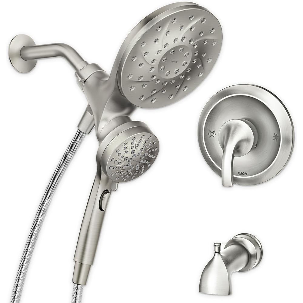 Moen 82304SRN Engage Multi-Function Handshower and Rainfall Shower Head Trim Combo with Handle, Tub Spout, Metal Hose and Valve, Brushed Nickel