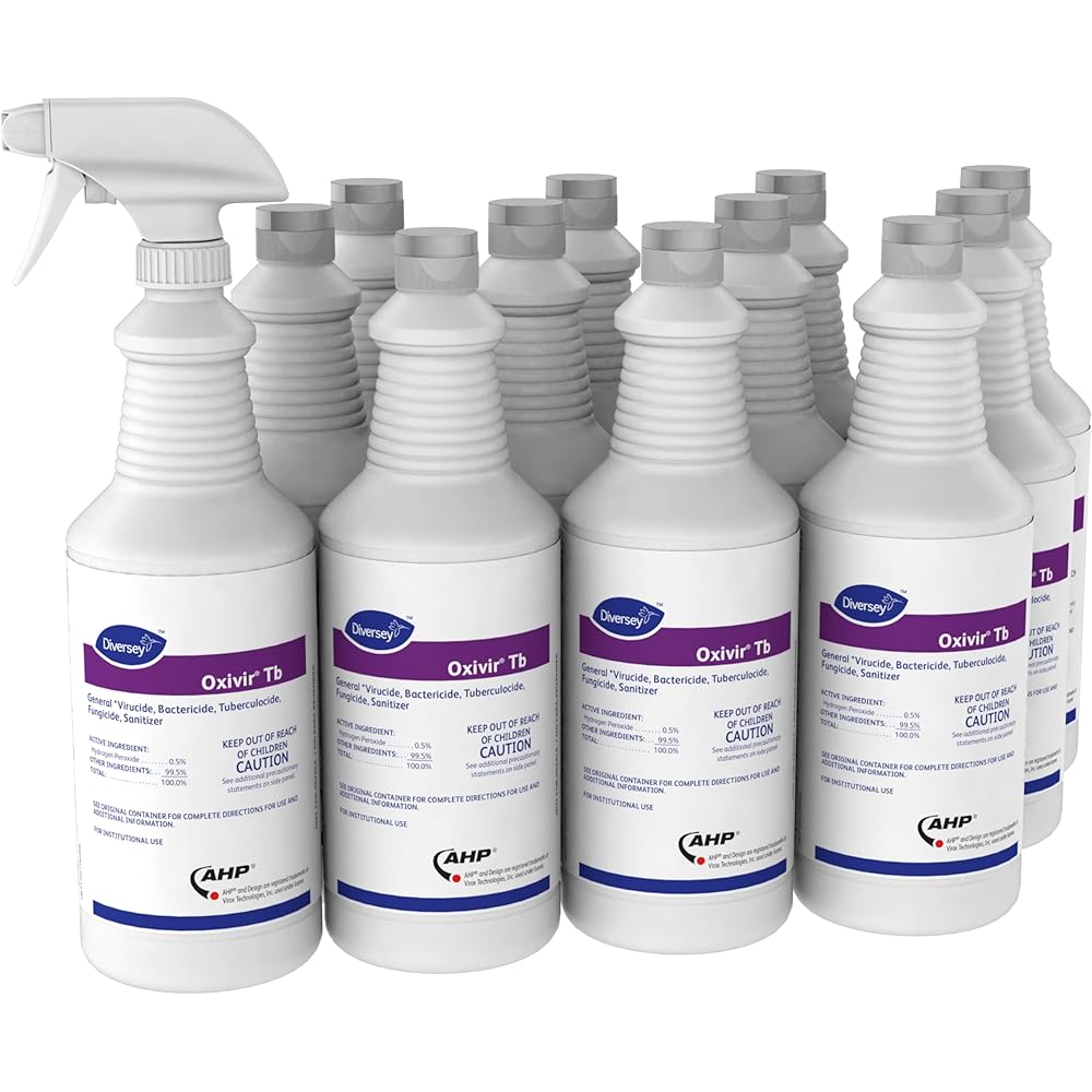 Oxivir Diversey 4277285 Tb Liquid Disinfectant Cleaner, Hospital Grade Accelerated Hydrogen Peroxide AHP, Ready-to-Use, 32-Ounce (Pack of 12 Capped Bottles + 1 Reusable Spray Nozzle) : Health & Household