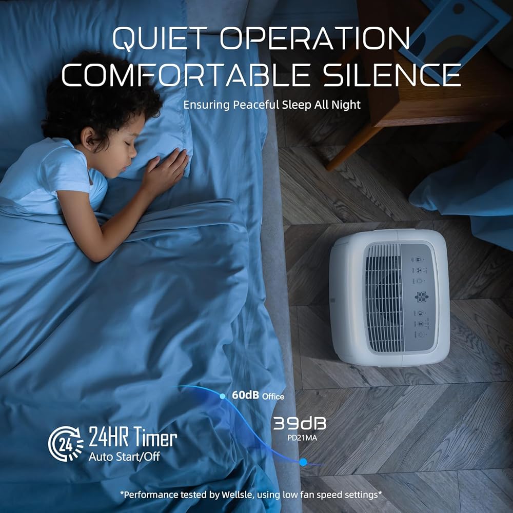 - Wellsle Most Efficient Energy Star Dehumidifier, 52 Pint Dehumidifiers for Basement and Home with Drain Hose, 1.59 Gallon Water Tank, Smart Humidity Control for Bedroom with 24HR Timer, Auto Shut Off