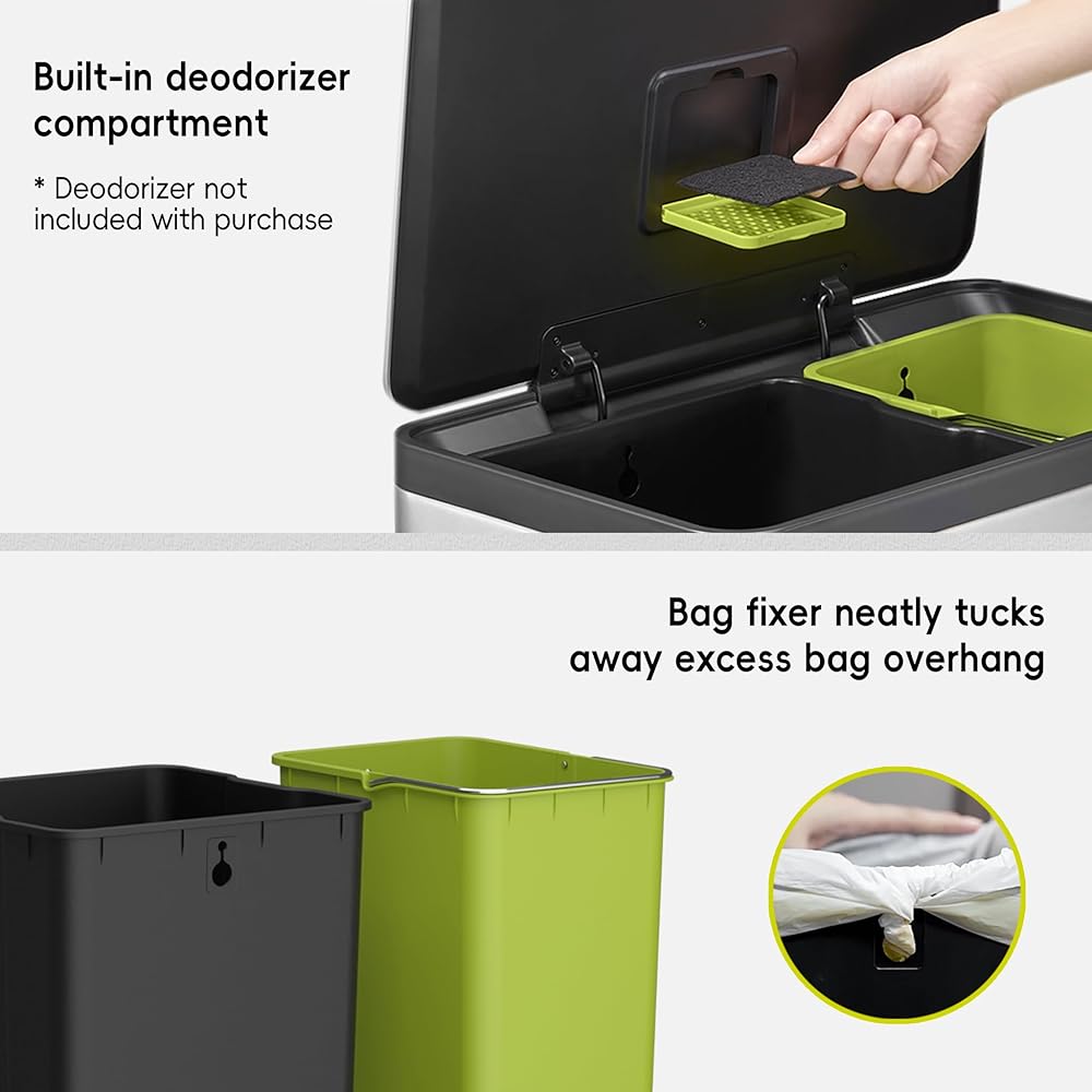 EKO EcoCasa II 36L+24L Dual Trash Can with Recycle Bin, Stainless Steel Garbage Can with Lid, Deodorizer Compartment, Odor-Proof and Fingerprint Resistant : Home & Kitchen