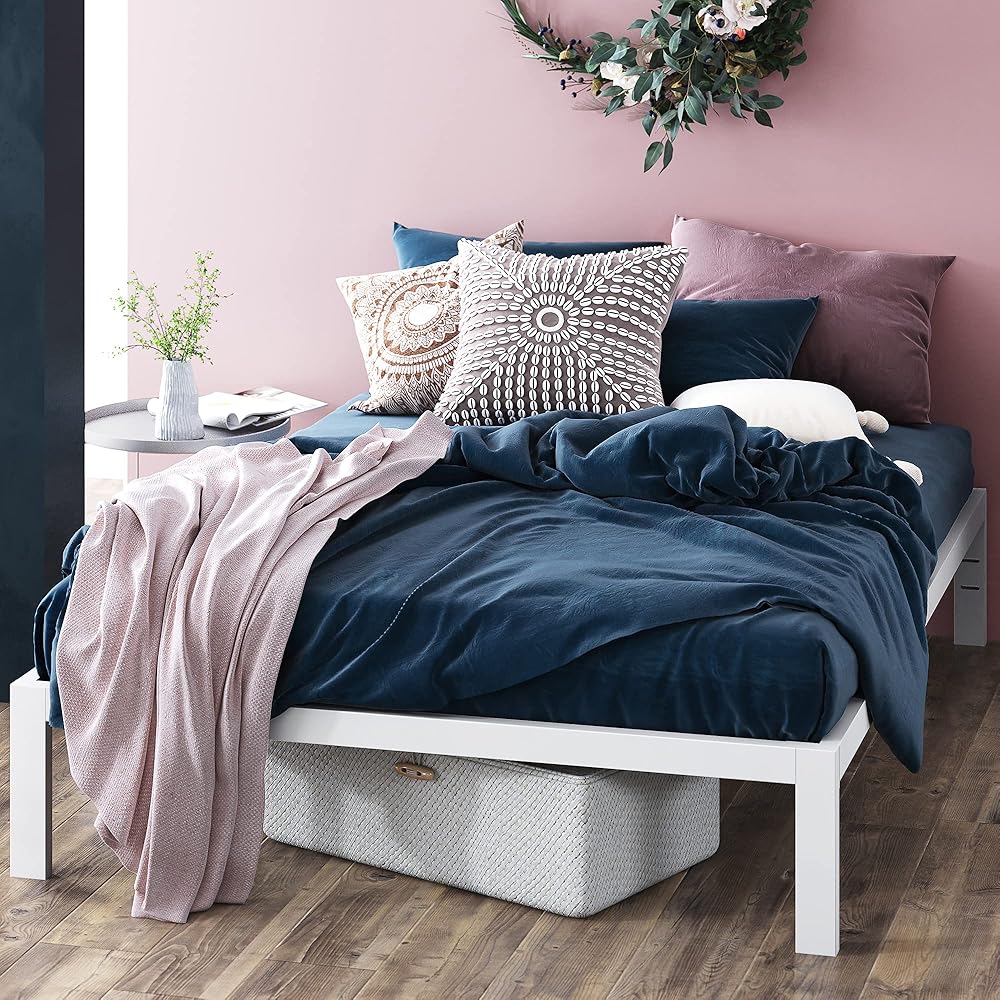 ZINUS Mia Metal Platform Bed Frame, Wood Slat Support, No Box Spring Needed, Easy Assembly, White, Queen : Home & Kitchen