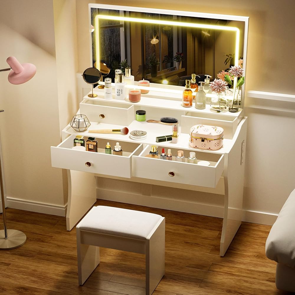 COMHOMA Makeup Vanity Desk with Mirror and Lights, Vanity Table and Chair Set with 5 Drawers and Charging Station, Bedroom Dresser LED Mirror Stepless Dimmable & 3 Color Modes Adjustable, Pure White : Home & Kitchen