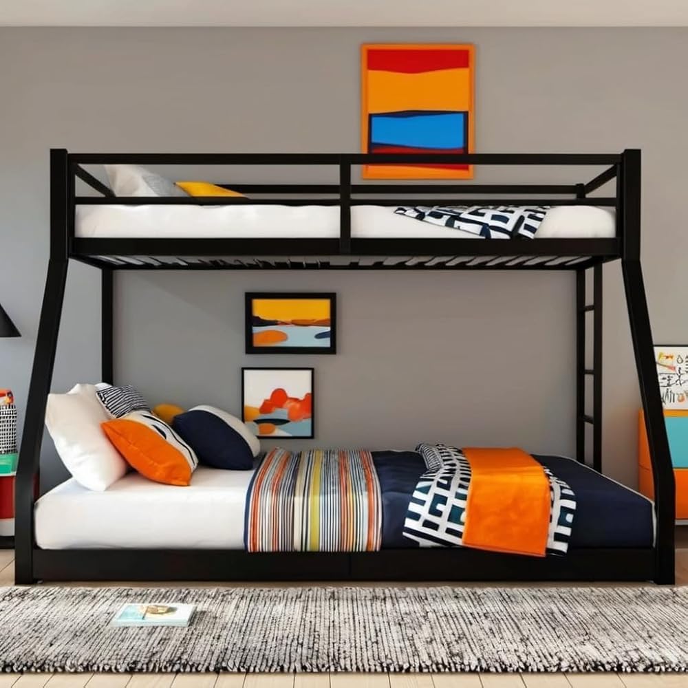 PVWIIK Metal Twin XL Over Queen Bunk Bed w/Ladder and Safety Guardrail for Kids Teens Adults,Heavy-Duty Sturdy Bunk Bed,No Box Spring Needed,Black : Home & Kitchen