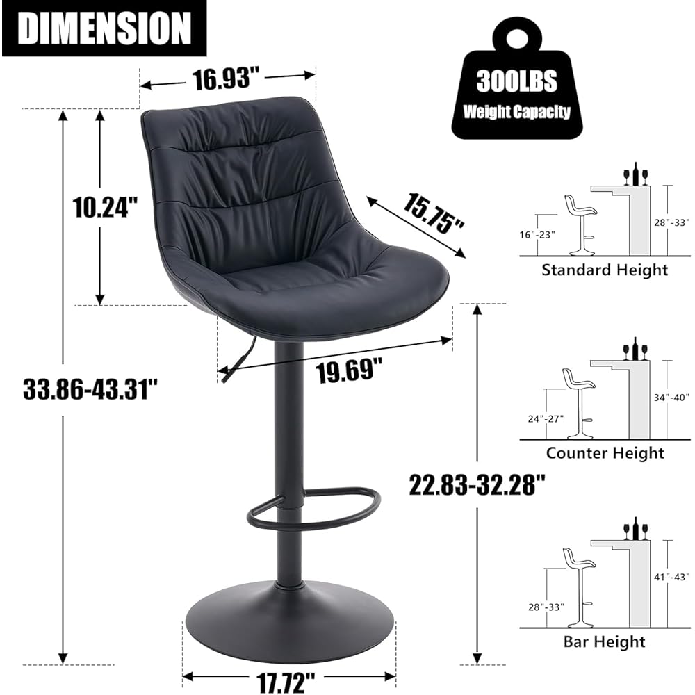 Kidol & Shellder Bar Stools Set of 2, Swivel Adjustable Counter Height Stools with Back, PU Leather Upholstered Modern Bar Chairs for Kitchen Island (Black) : Home & Kitchen