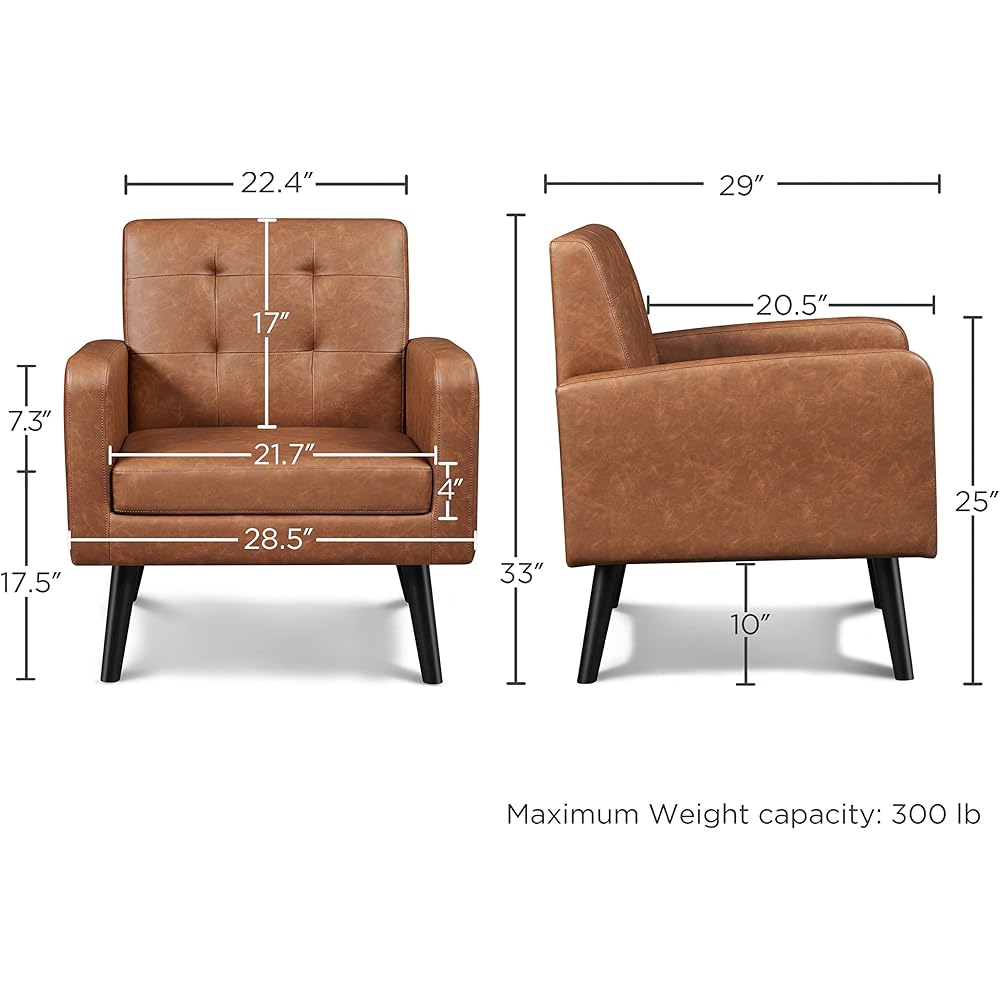 Yaheetech Mid-Century Accent Chairs, PU Leather Modern Upholstered Living Room Chair, Cozy Armchair Button Tufted Back and Wood Legs for Bedroom/Office/Cafe, Retro Brown : Home & Kitchen