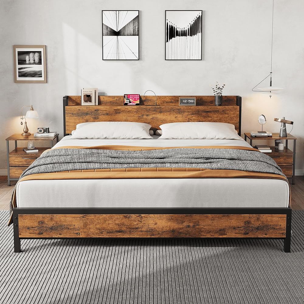 GarveeHome King Size Bed Frame Charging Station with 2 USB Ports & 2 AC Outlets, Heavy Duty Metal Bed Frame with Wooden Headboard and Footboard, No Box Spring Needed, Easy to Assemble, Brown : Home & Kitchen