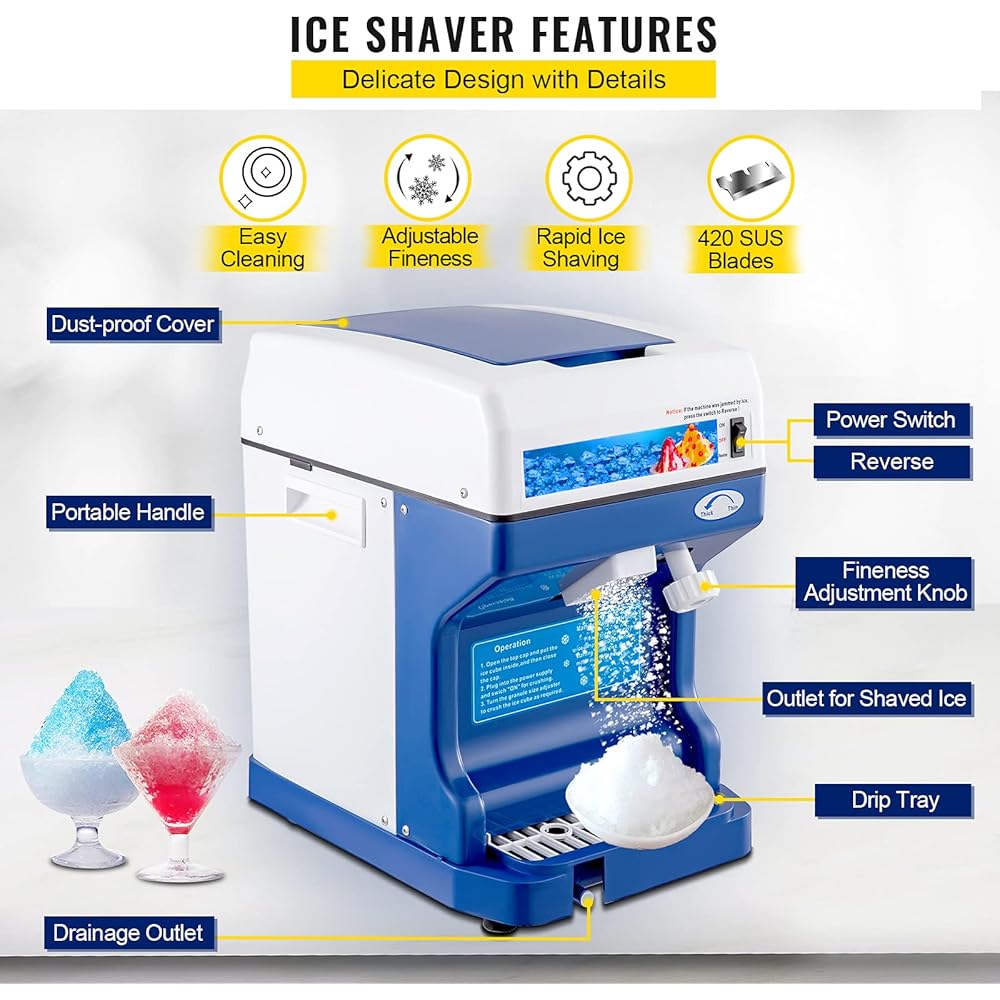 VEVOR 110V Electric Shaved Ice Machine 500W Snow Cone Maker Tabletop w/Adjustable Ice Texture, Ice Shaving Machine 265LBs/hr for Home and Commerical Use : Home & Kitchen