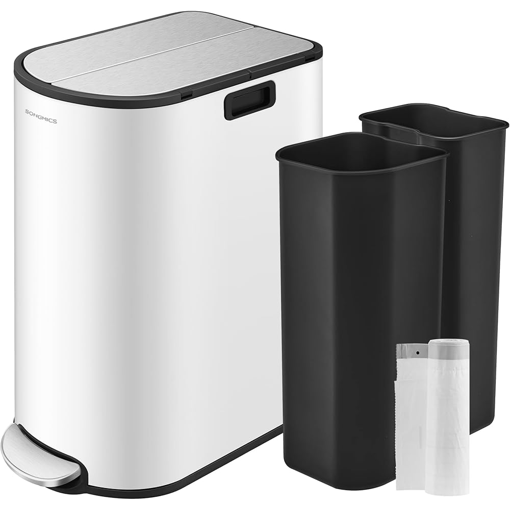 SONGMICS 13-Gallon Dual Kitchen Trash Can, 5.3 and 8 Gallon Compartments, Garbage Can with Wing Lids, Stainless Steel, Soft Close, Inner Buckets, Cloud White and Metallic Silver ULTB570W50 : Home & Kitchen