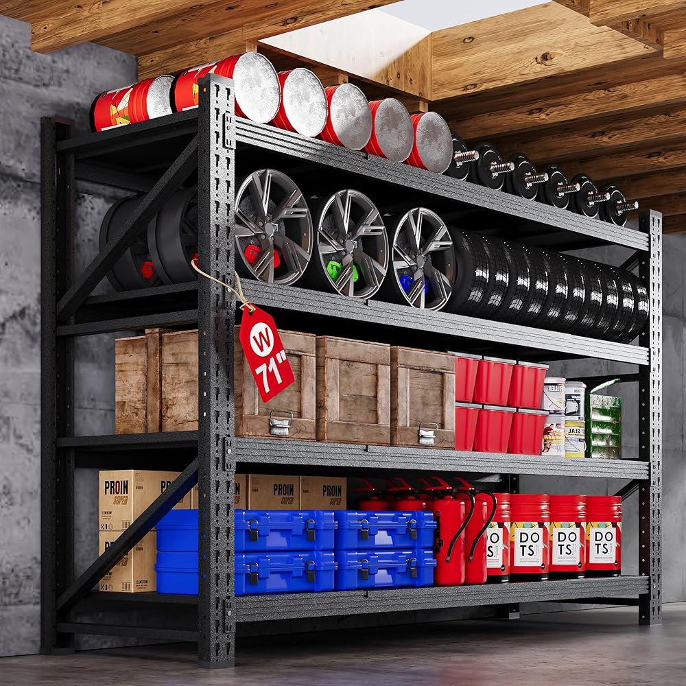 71鈥?W Storage Shelves Heavy Duty, 5000LBS Metal Garage Shelving Units, 4 Tier Storage rack shelf, Steel Industrial Shelving , Adjustable Standing Shelf for Basement/Warehouse 71