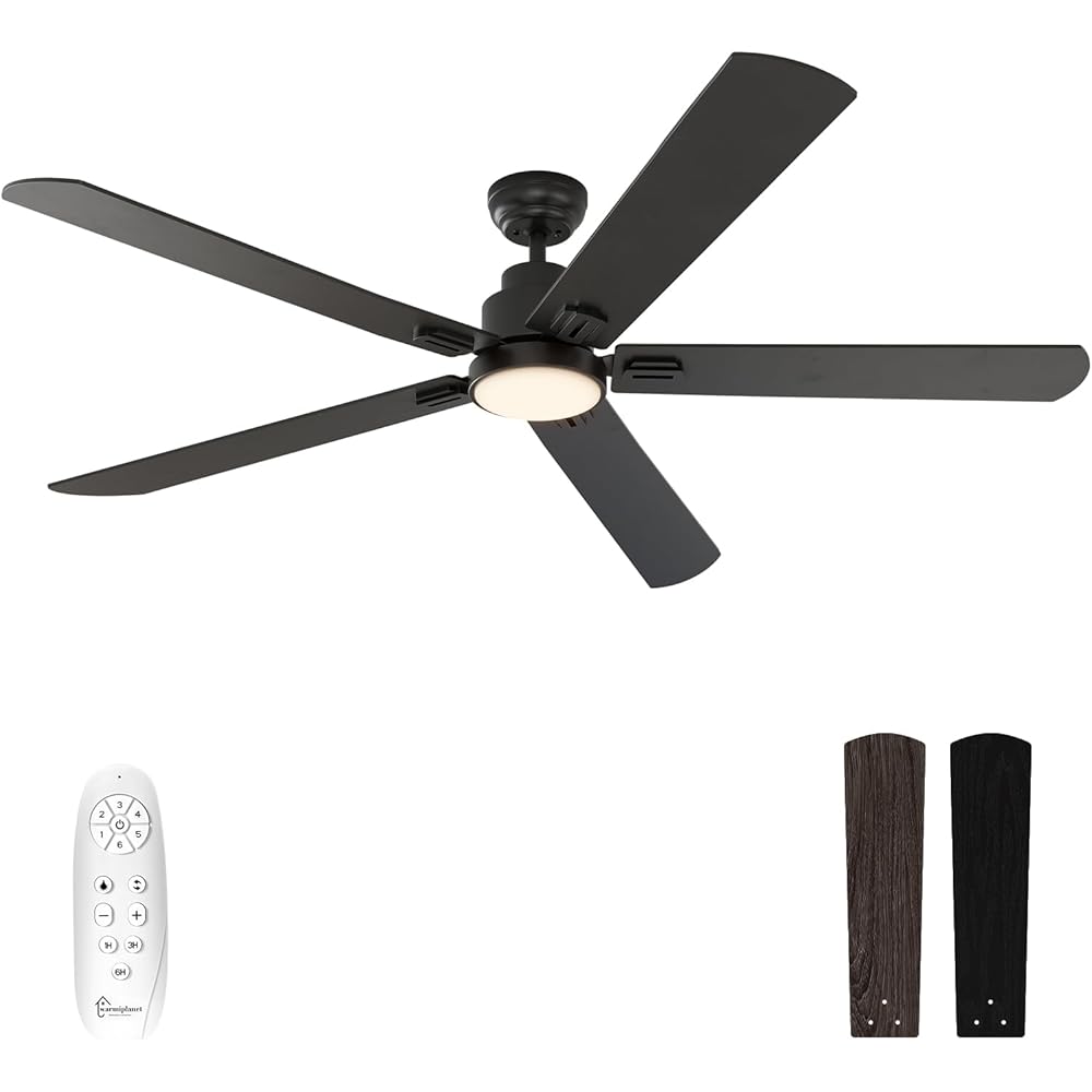 warmiplanet 62 Inch Indoor Ceiling Fans with Lights and Remote Control, 6 Speeds Slient Reversible DC Motor, 3 Color Dimmable LED Light, Timer, Black, 5 Blades -