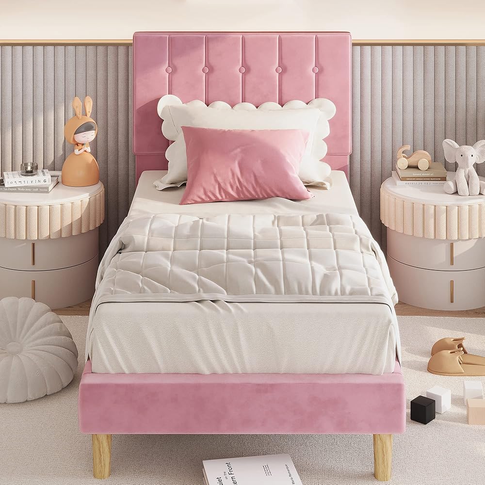 LIKIMIO Twin Bed Frames, Velvet Upholstered Platform Bed Frame with Headboard and Strong Wooden Slats, No Box Spring Needed/Noise-Free/Easy Assembly, Pink : Home & Kitchen