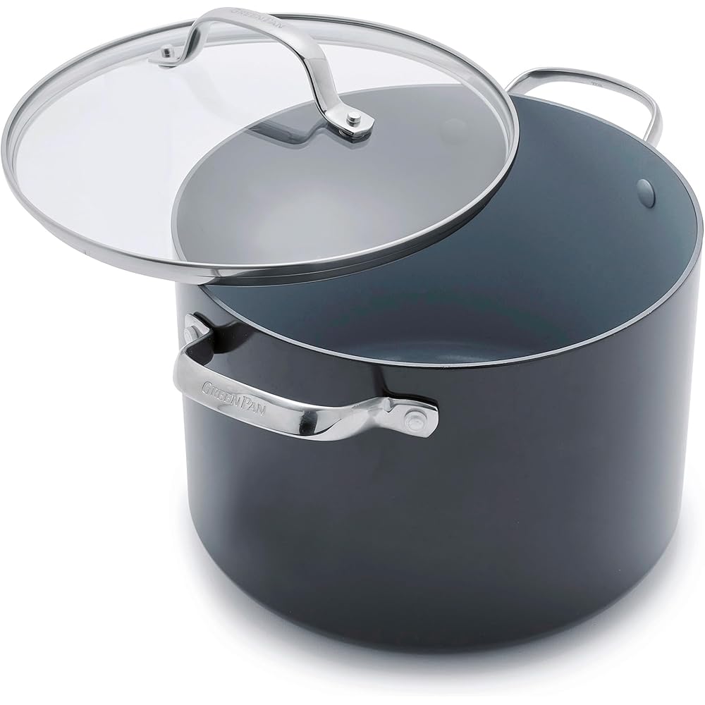GreenPan Valencia Pro Hard Anodized Healthy Ceramic Nonstick 8QT Stock Pot with Lid, PFAS-Free, Induction, Dishwasher Safe, Oven Safe, Gray