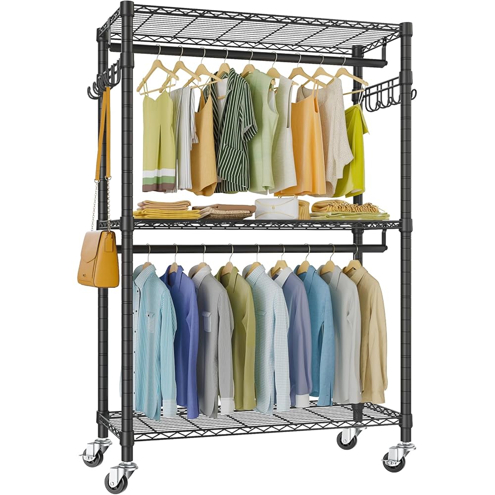 VIPEK R2 Plus Heavy Duty Rolling Garment Rack 3 Tiers Adjustable Wire Shelving Clothes Rack with Double Rods and Side Hooks, Freestanding Wardrobe Storage Rack Metal Clothing Rack, Black : Home & Kitchen