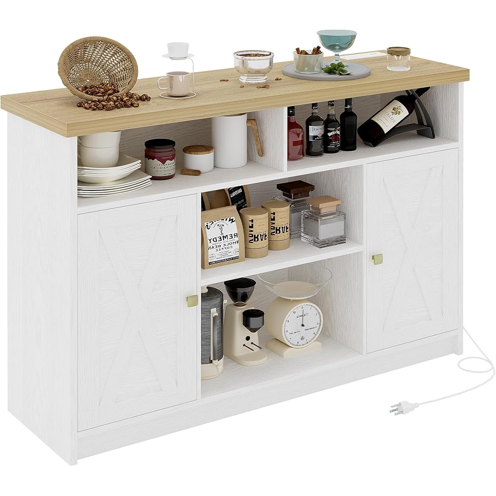 - IRONCK Buffet Cabinet with Power Strip, 47 鈥?Coffee Bar Cabinet with Barn Doors and Thickened Top Board, Modern Farmhouse Sideboard Storage Buffet for Dinning Room, Kitchen, Rustic White - Buffets & Sideboards