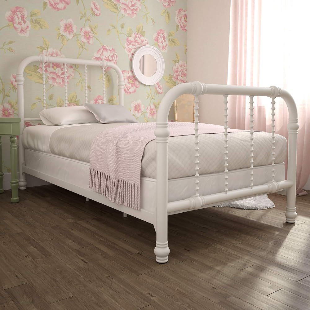 DHP Jenny Lind Kids Metal Bed Frame with Country Chic Headboard and Footboard, Underbed Storage Space for Toys, Twin, White : Home & Kitchen