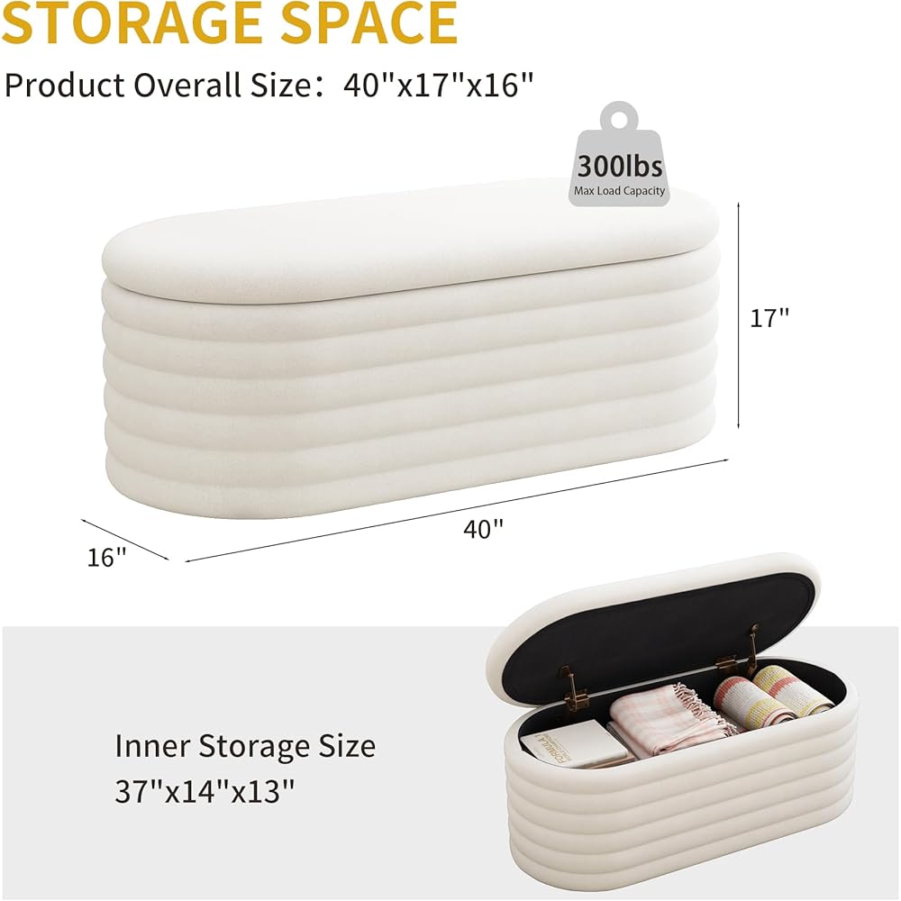 FAVSH Storage Ottoman Bench 40 inch Upholstered Chenille Fabric Storage Bench for Bedroom End of Bed Stool Aesthetic Large Storag Ottoman for Living Room Entryway,Beige White : Home & Kitchen