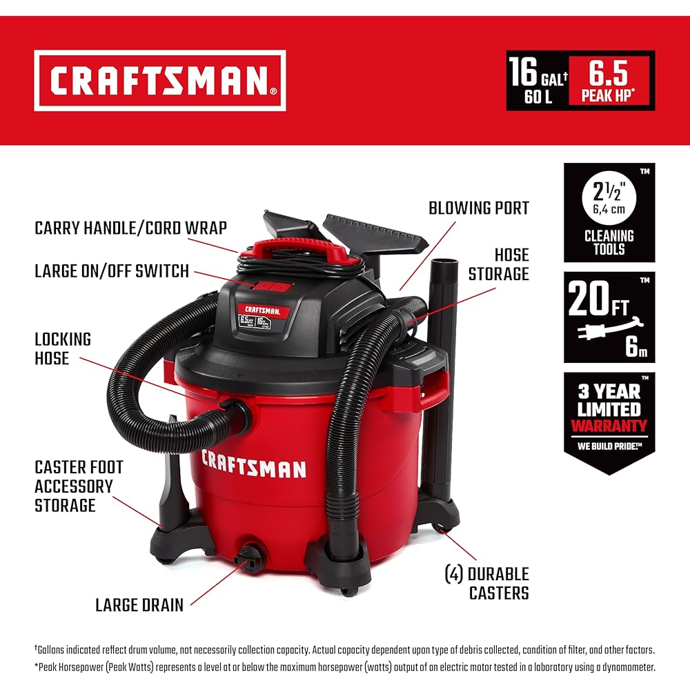 CRAFTSMAN CMXEVBE17595 16 Gallon 6.5 Peak HP Wet Dry Vac, Heavy-Duty Shop Vacuum Wet and Dry with Filter, Dust Bag, Hose and Attachments for Home Projects & Renovations : Tools & Home Improvement
