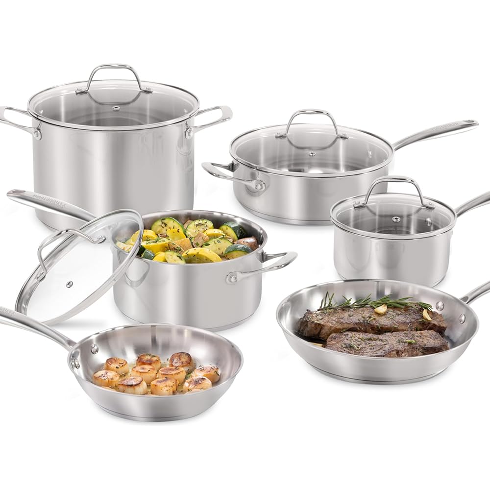 Guy Fieri's Flavortown 10-Piece Stainless Steel Cookware Set - Includes Frying Pans, Saucepans, Saute Pan and Stock Pot - Pots and Pans, Oven-Safe up to 500F