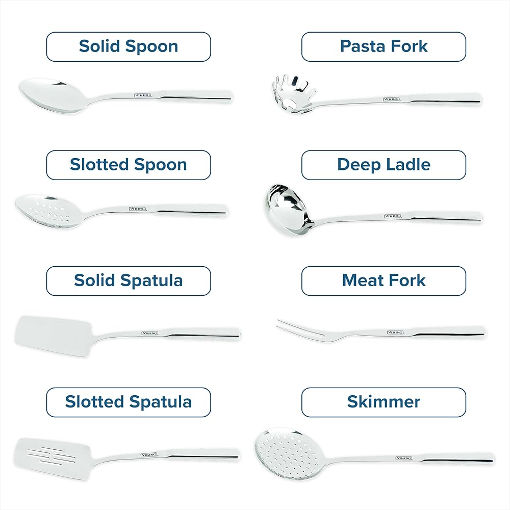 Viking Kitchen Utensils Set, 8 Piece Stainless Steel Cooking Utensil Set, Includes Spatulas, Spoons, Pasta Fork, Deep Ladle, Meat Fork, and Skimmer, Silver: Home & Kitchen