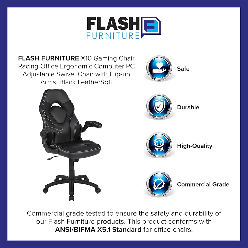 Flash Furniture X10 High-Back LeatherSoft Racing Style Gaming Chair with Flip-Up Arms, Ergonomic Padded Swivel Computer Chair, Black : Home & Kitchen
