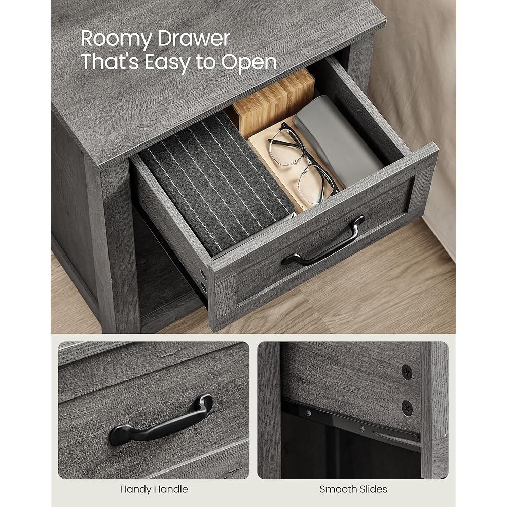 VASAGLE LIRY Collection - Farmhouse Nightstands with Charging Station, Set of 2 Bedside Tables, Side Tables with Drawer, Open Compartment, for Bedroom, Misty Gray ULET859G01 : Home & Kitchen