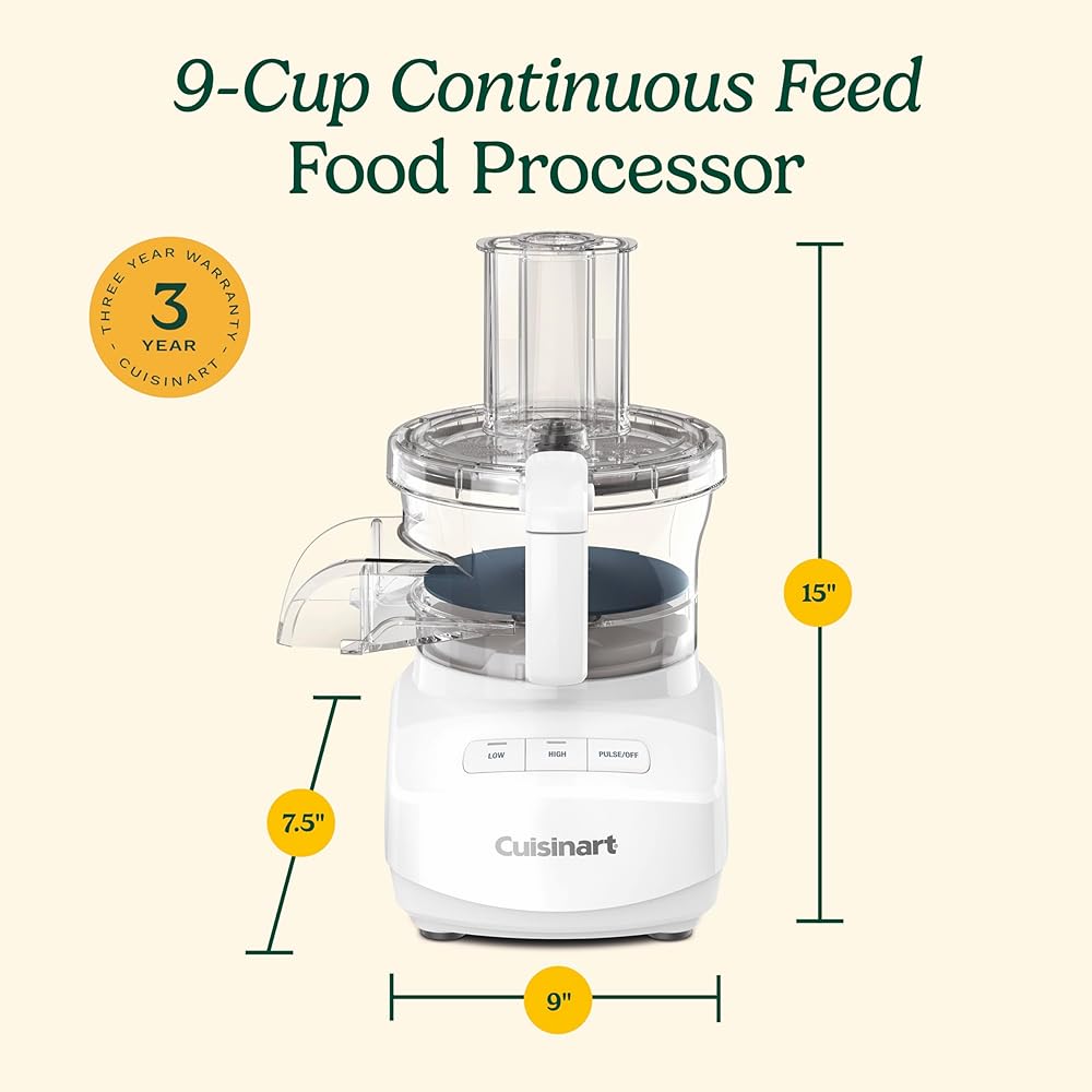 Cuisinart 9-Cup Continuous Feed Food Processor with Fine and Medium Reversible Shredding and Slicing Disc, Universal Blade, Continuous-Feed Attachment, and In-Bowl Storage (White): Home & Kitchen