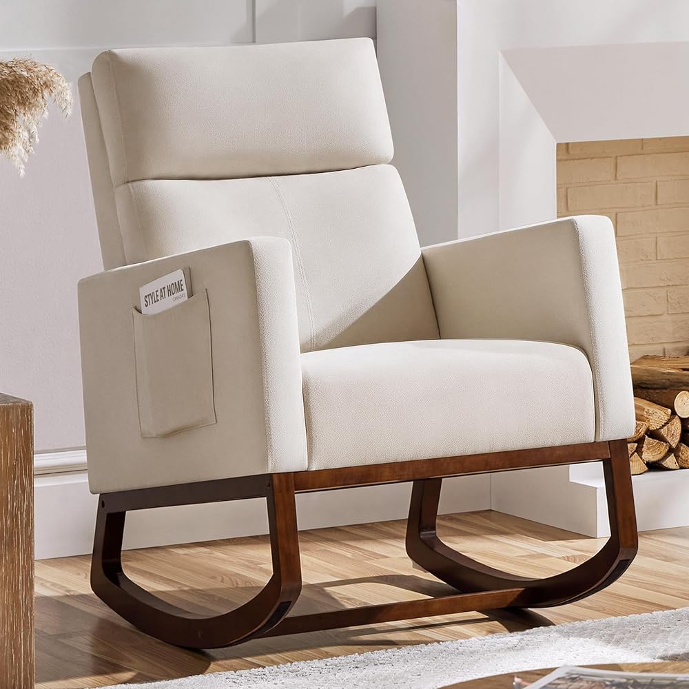 Yaheetech Rocking Chair, Modern Glider Chair, Recliner Armchair with Wood Legs and Side Pocket, Nursery Rocking Accent Chair with High Back for Living Room Bedroom, Beige : Home & Kitchen