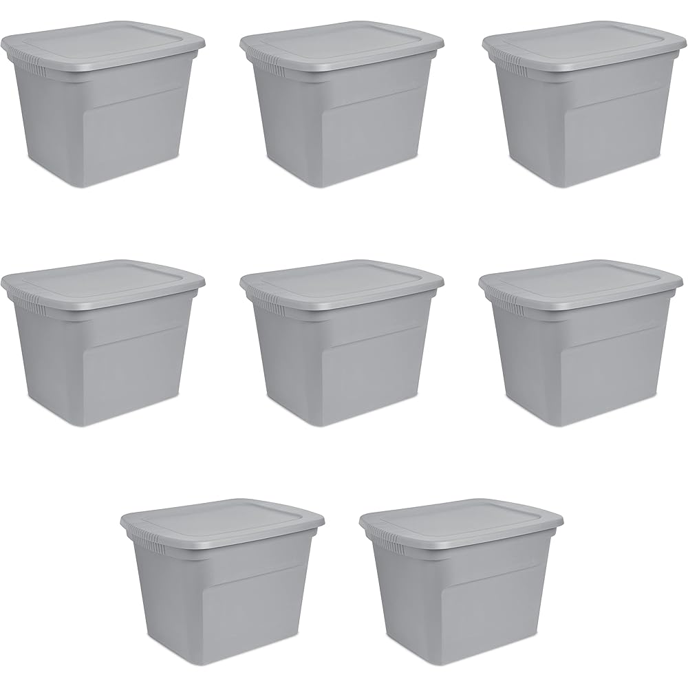 Sterilite 18 Gal Storage Tote, Stackable Bin with Lid, Plastic Container to Organize Clothes in Closet, Basement, Gray Base and Lid, 8-Pack: Home & Kitchen