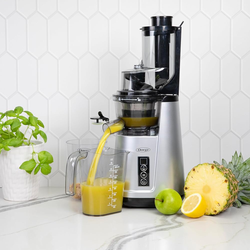 Omega Wide Mouth Juicer Compact Vertical Cold Press Vegetable and Fruit Juice Extractor with 3-Inch Hopper 2-Speed Slow Juicing with Space Saving Design, 120-Watts, Black: Home & Kitchen