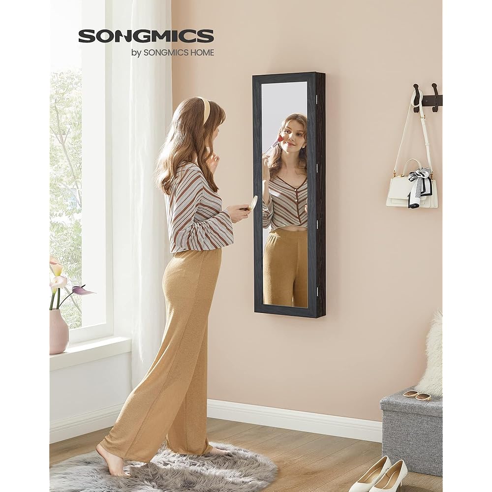 SONGMICS 6 LEDs Mirror Jewelry Cabinet, 47.2-Inch Tall Lockable Wall or Door Mounted Jewelry Armoire Organizer with Mirror, 2 Drawers, 3.9 x 14.6 x 47.2 Inches, Black UJJC093B01 : Clothing, Shoes & Jewelry