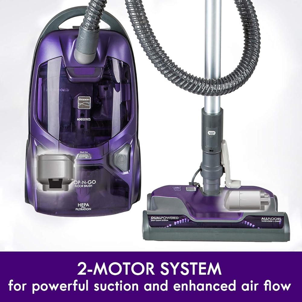 - Kenmore 600 Series Pet Friendly Lightweight Bagged Canister Vacuum with Pet PowerMate, Pop-N-Go Brush, 2 Motors, HEPA Filter, Aluminum Telescoping Wand, Retractable Cord and 4 Cleaning Tools, Purple
