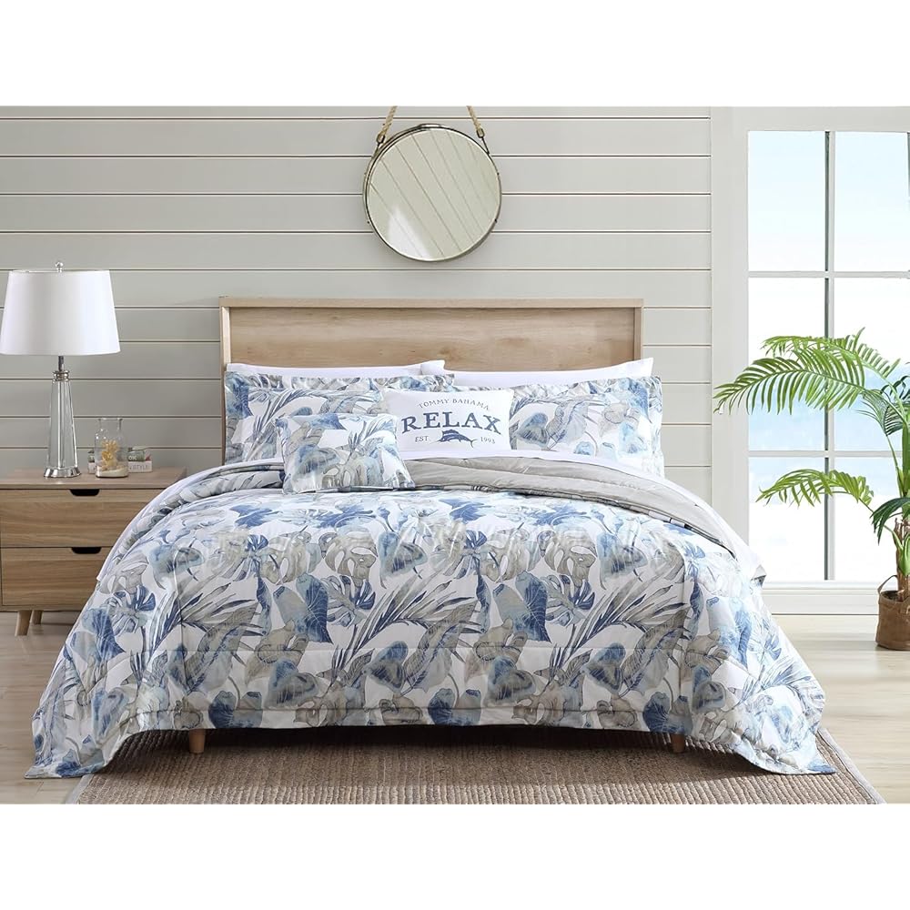 Tommy Bahama - King Comforter Set, Reversible Cotton Bedding with Matching Shams & Bonus Throw Pillows, All Season Home Decor (Raw Coast Blue, King), Off White/Blue/Grey : Home & Kitchen