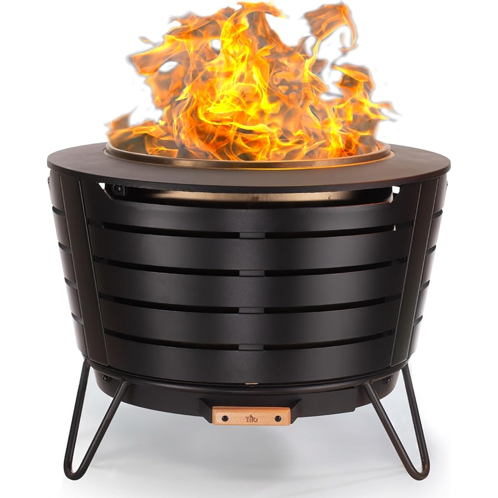 TIKI 25-Inch Smokeless Patio Fire Pit, Wood Burning with Removable Ash Pan & Weather-Resistant Cover, Modern Black Design – Ideal Outdoor Smokeless Fire Pit for Backyard & Patio