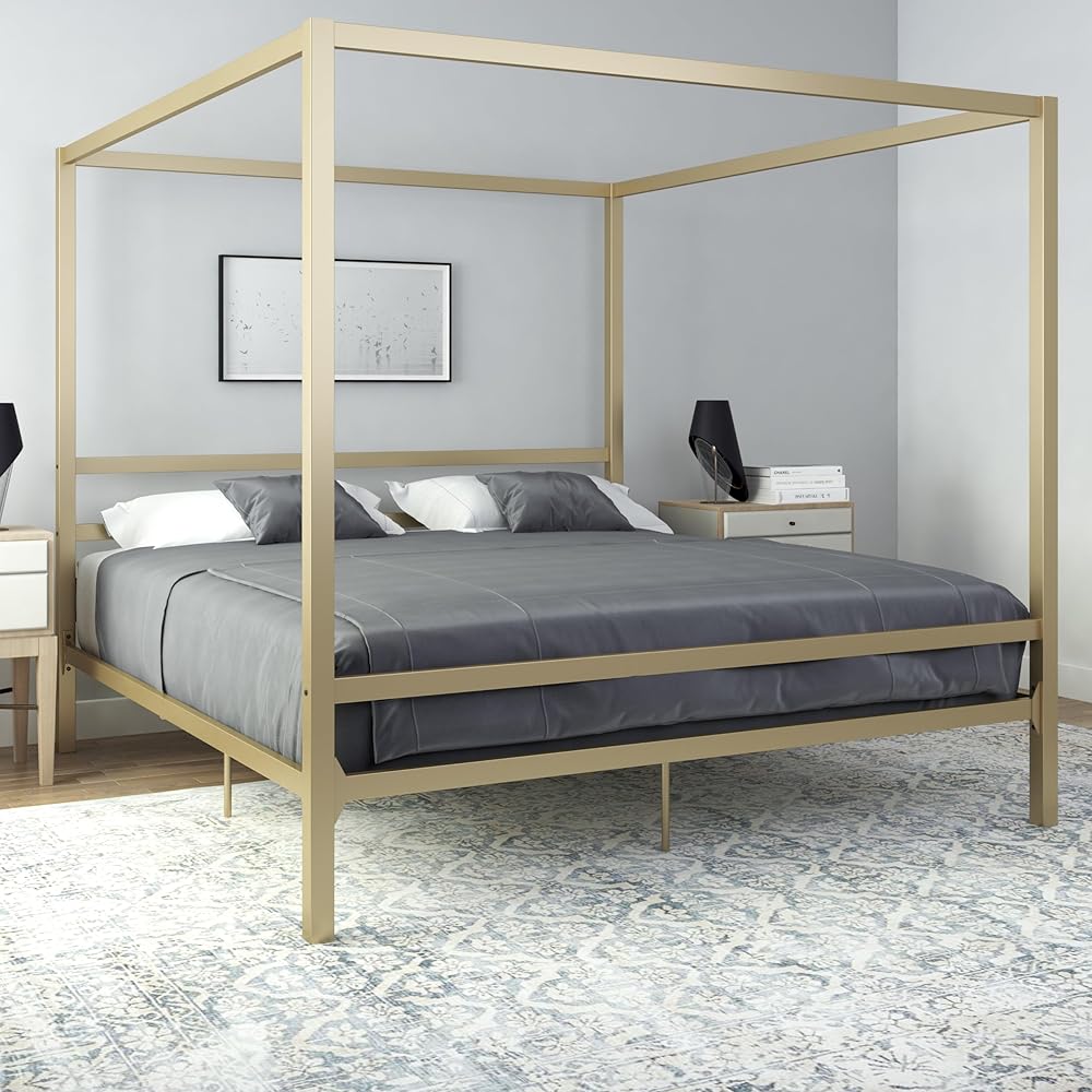 DHP Modern Metal Canopy Platform Bed with Minimalist Headboard and Four Poster Design, Underbed Storage Space, No Box Spring Needed, King, Gold : Home & Kitchen