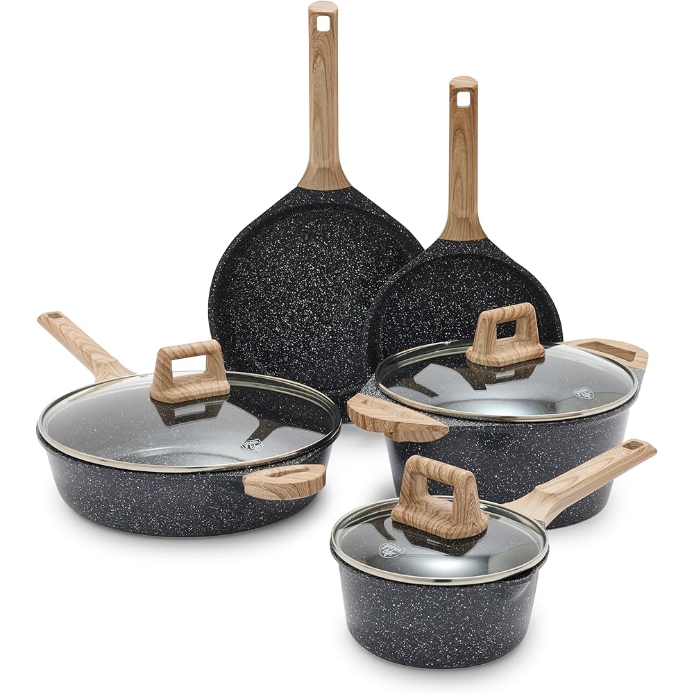 GreenLife 8 Piece Ceramic Nonstick Cookware Set, Induction Suitable Non Toxic PFAS-Free Pots & Pans, Dishwasher Safe, Cooking Set, Stock Pot, Saucepans & Frying Pans, Kitchen Cooking, Granite Black