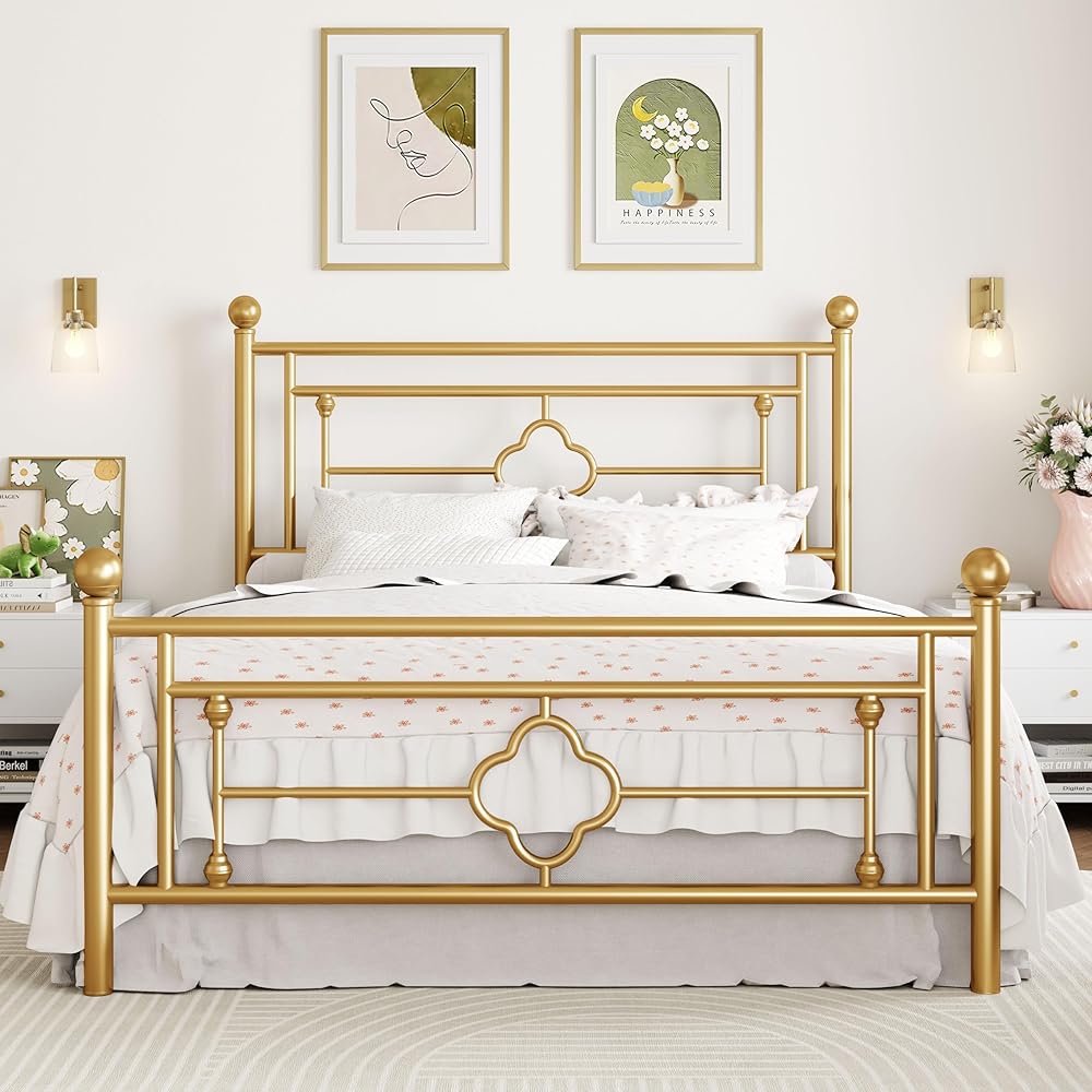 SHA CERLIN 14 Inches Queen Size Metal Platform Bed Frame/Vintage Iron-Art Headboard and Footboard/Mattress Foundation for Storage/No Box Spring Needed/Noise-Free/Easy Assembly/Gold : Home & Kitchen