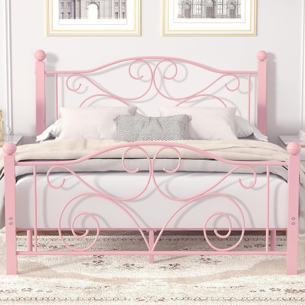 VECELO Full Size Bed Frame with Headboard and Footboard, Heavy Duty Metal Slat Support, Platform Mattress Foundation, No Box Spring Needed, Easy Assembly, Light Pink : Home & Kitchen