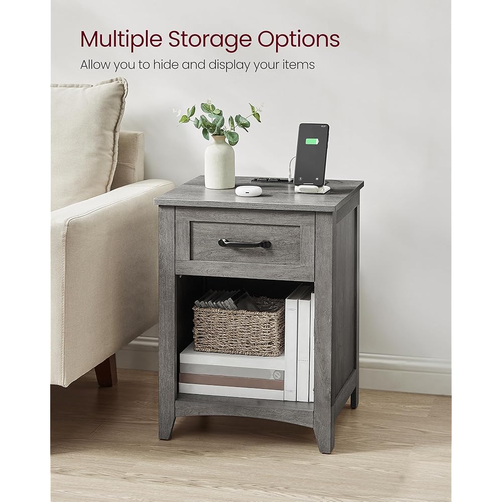 VASAGLE LIRY Collection - Farmhouse Nightstands with Charging Station, Set of 2 Bedside Tables, Side Tables with Drawer, Open Compartment, for Bedroom, Misty Gray ULET859G01 : Home & Kitchen