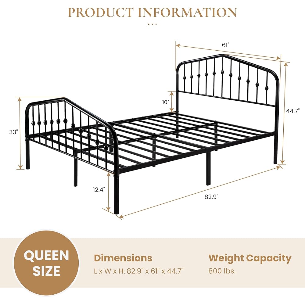 SHA CERLIN Queen Size Metal Platform Bed Frame with Victorian Style Wrought Iron-Art Headboard/Footboard, No Box Spring Required, Black : Home & Kitchen