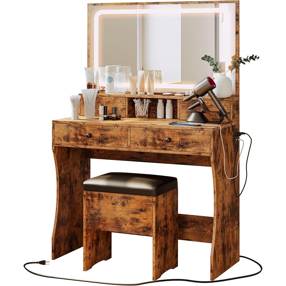 IRONCK Vanity Desk Set with LED Lighted Mirror & Power Outlet, Makeup Vanity Table with 4 Drawers,Storage Bench,Dressing Table for Bedroom, Vintage Brown : Home & Kitchen